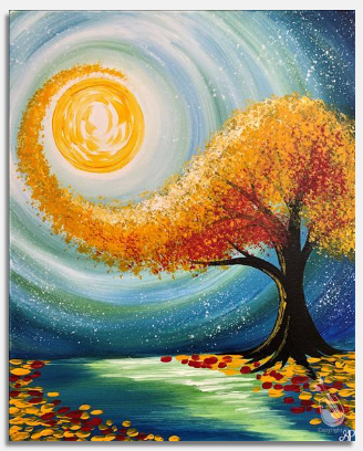 whimsical acrylic painting of a fall tree in the moonlight