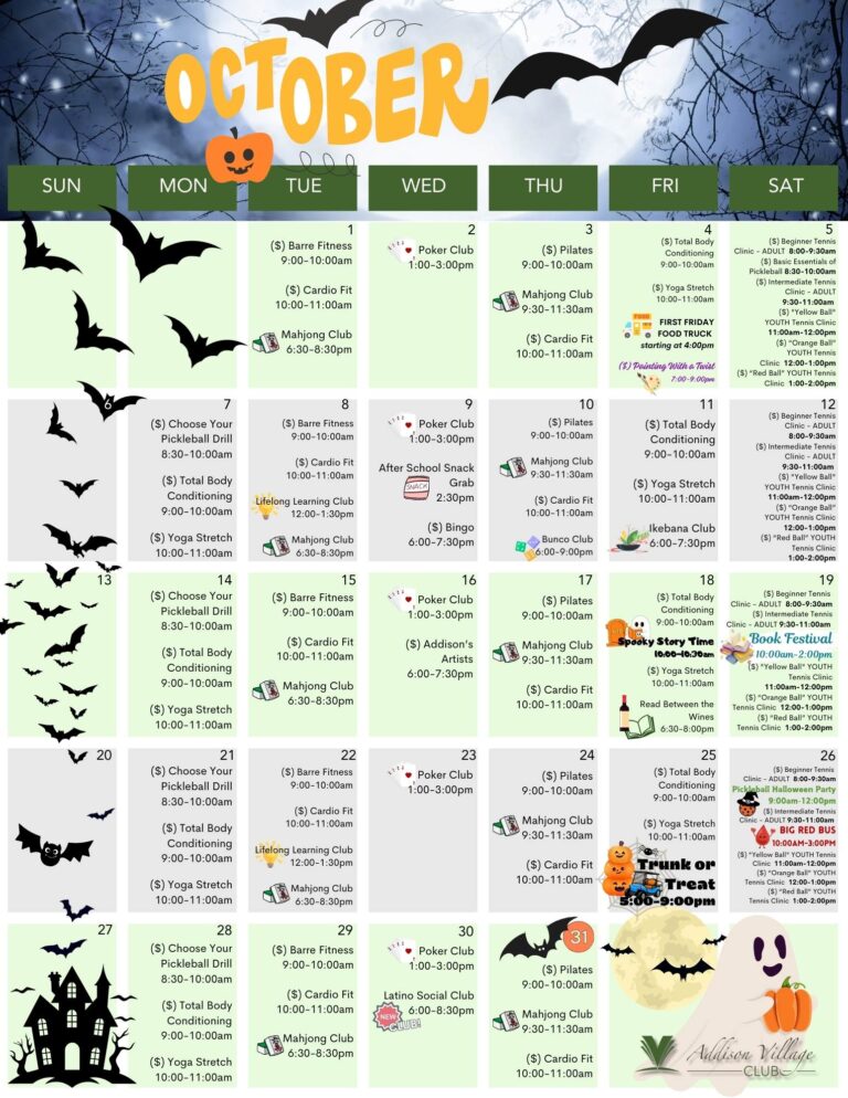 Calendar Page of Addison Village Club activities for October 2024