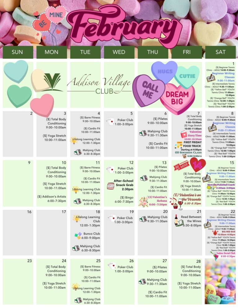 February 2025 Calendar of Events for Addison Village Club