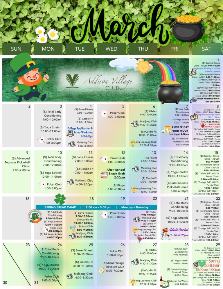Addison Village Club Calendar of Events for March 2025