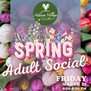 avc logo, text: spring adult social, tulip background