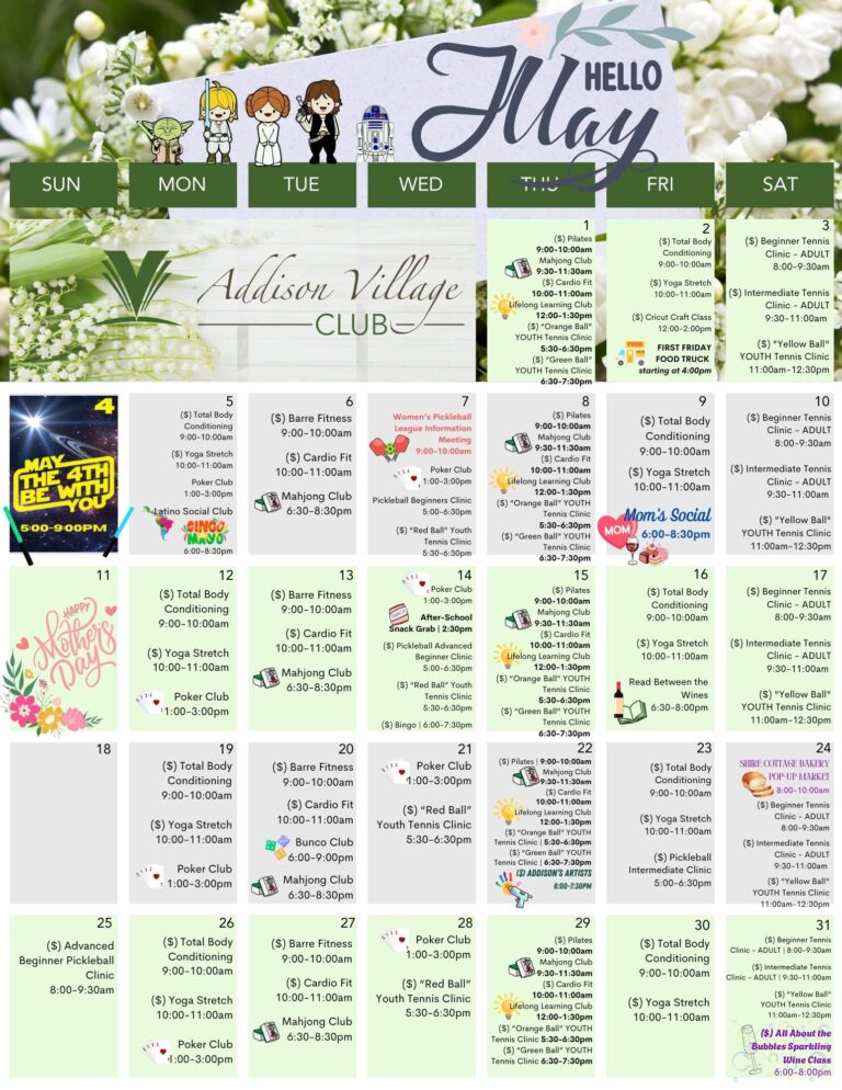 Addison Village Club Calendar of Events for May 2025