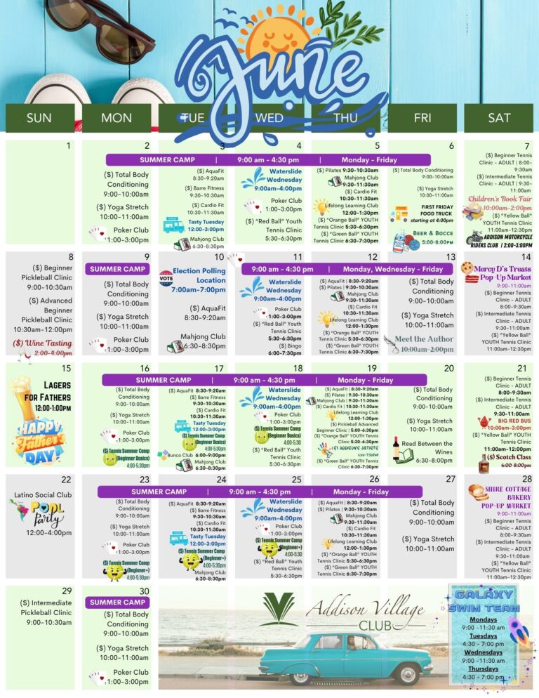Addison Village Club Calendar of events for June 2025