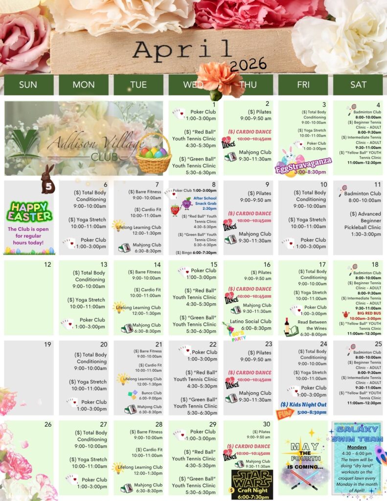 Addison Village Club's Calendar of Events for April 2026