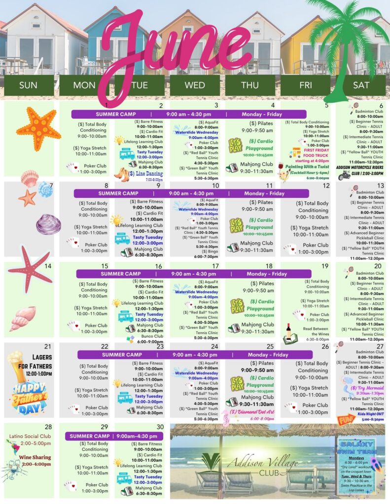 Calendar of Events for Addison Village Club June 2026