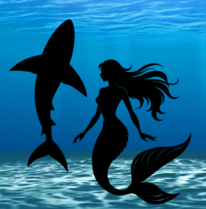 shark & mermaid silhouettes with ocean background