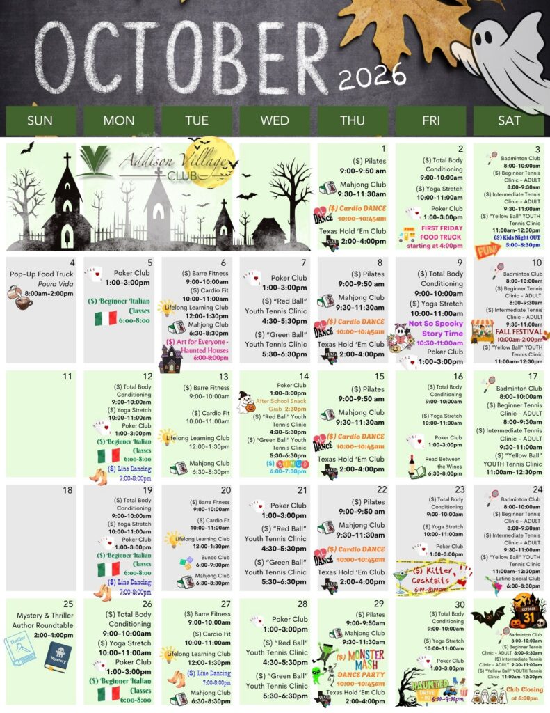 October 2026 Calendar of Events for AVC