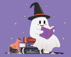 cartoon image of a ghost reading a book while sitting on a pile of books